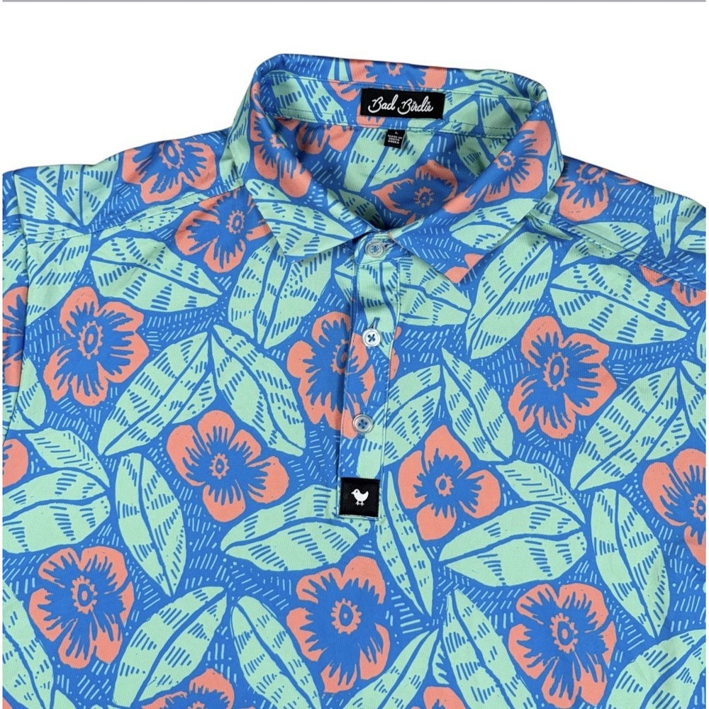 Bad Birdie Men's Polo Shirt Large Multicolor Floral Short Sleeve Golf Stretch